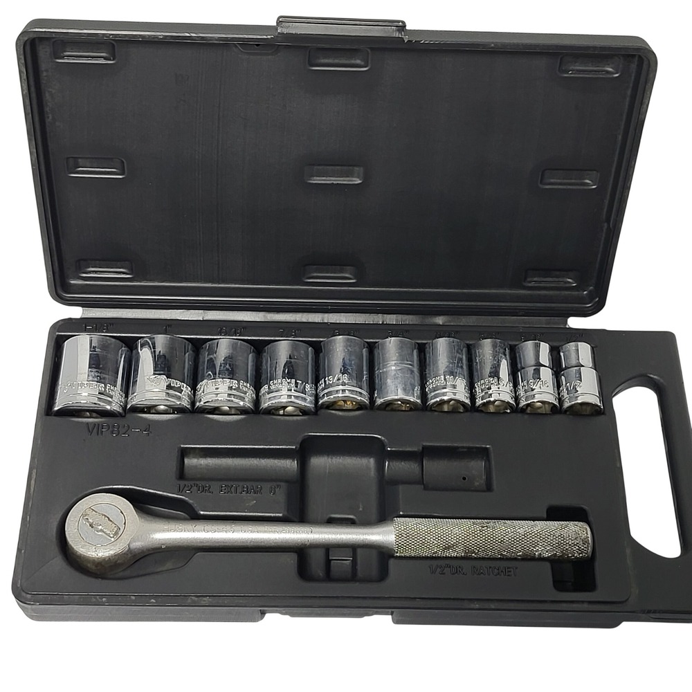 Viper 1/2 Drive SAE Socket Set 10pc with Husky CS-45 Ratchet USA Case VIP82-4*